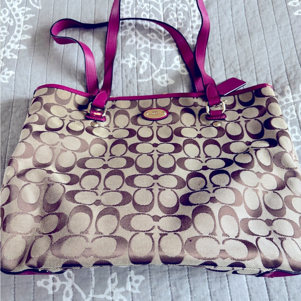 Fuschia and Tan Coach Logo Shoulder Bag